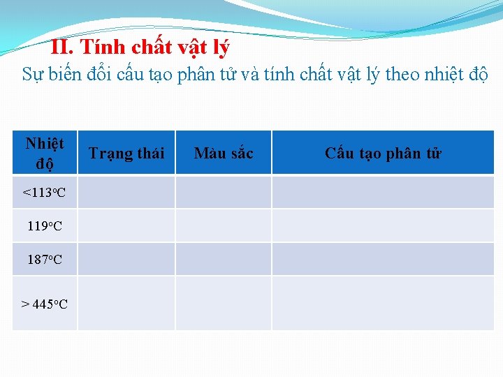 II. Tính chất vật lý Sự biến đổi cấu tạo phân tử và tính