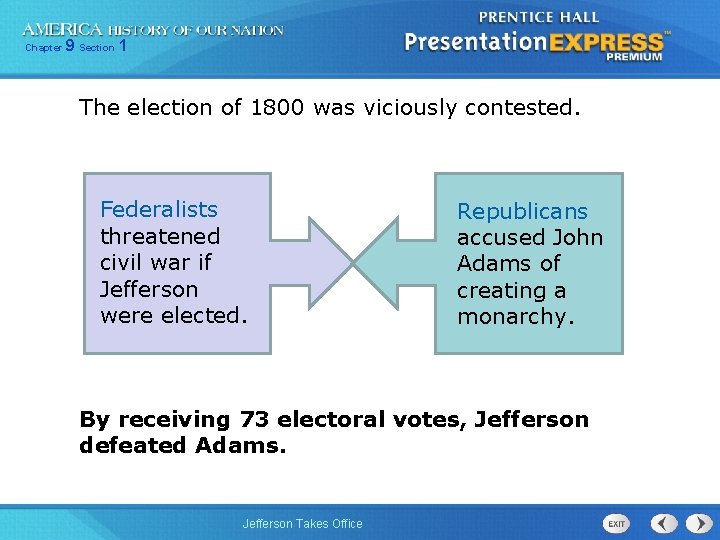 Chapter 9 Section 1 The election of 1800 was viciously contested. Federalists threatened civil