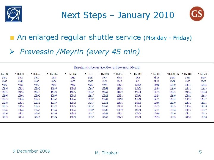 Next Steps – January 2010 An enlarged regular shuttle service (Monday - Friday) Ø