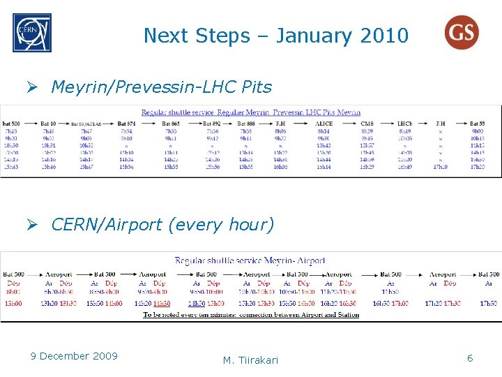 Next Steps – January 2010 Ø Meyrin/Prevessin-LHC Pits Ø CERN/Airport (every hour) 9 December