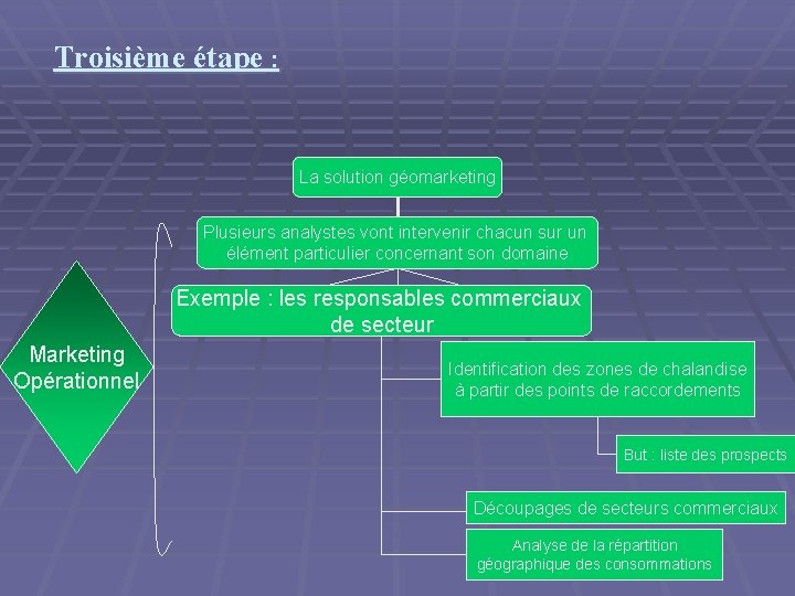 Troisième étape : La solution géomarketing Plusieurs analystes vont intervenir chacun sur un élément Troisième étape : La solution géomarketing Plusieurs analystes vont intervenir chacun sur un élément
