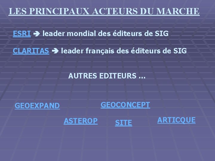 LES PRINCIPAUX ACTEURS DU MARCHE ESRI leader mondial des éditeurs de SIG CLARITAS leader