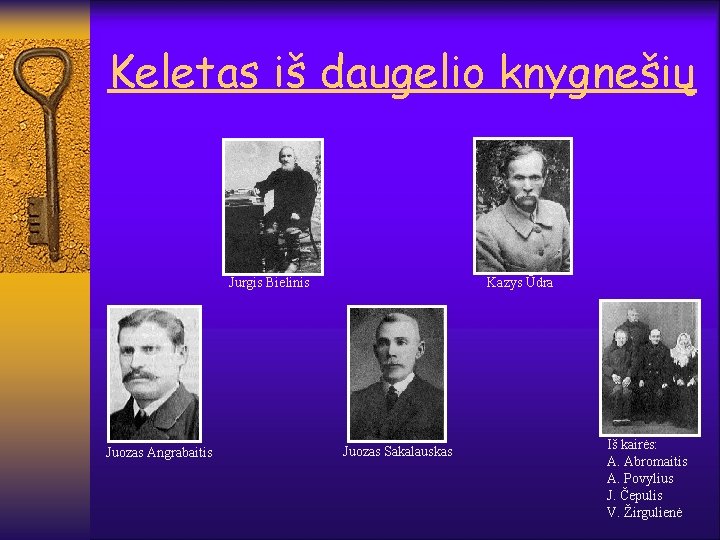 Keletas iš daugelio knygnešių Jurgis Bielinis Juozas Angrabaitis Kazys Ūdra Juozas Sakalauskas Iš kairės: