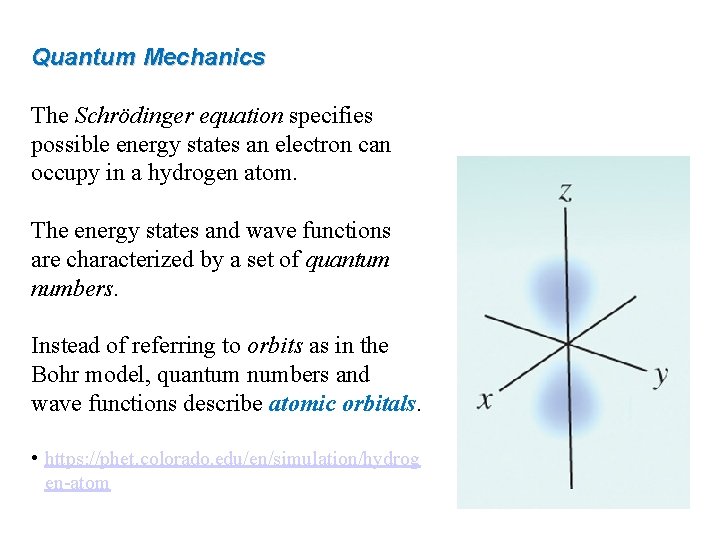 Quantum Mechanics The Schrödinger equation specifies possible energy states an electron can occupy in