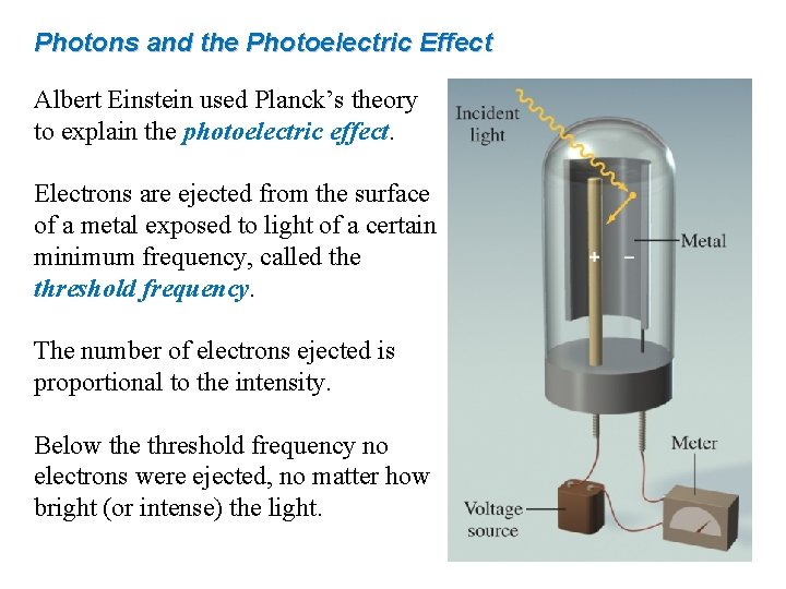 Photons and the Photoelectric Effect Albert Einstein used Planck’s theory to explain the photoelectric