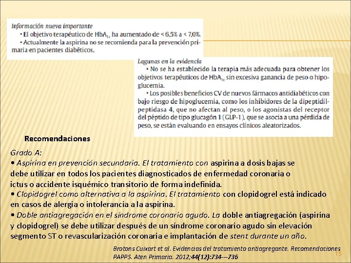 Recomendaciones Grado A: • Aspirina en prevención secundaria. El tratamiento con aspirina a dosis