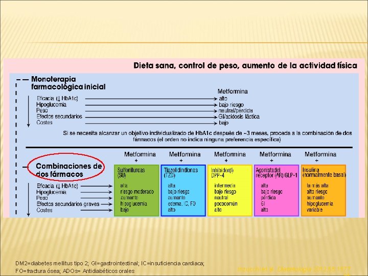 DM 2=diabetes mellitus tipo 2; GI=gastrointestinal; IC=insuficiencia cardiaca; FO=fractura ósea; ADOs= Antidiabéticos orales Inzucchi