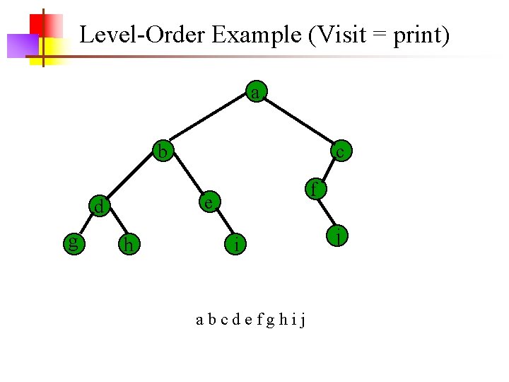  Level-Order Example (Visit = print) a b f e d g c h