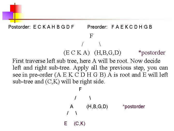 Postorder: E C K A H B G D F Preorder: F A E