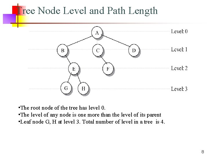 Tree Node Level and Path Length • The root node of the tree has
