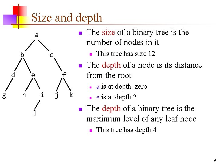 Size and depth n a b c n n d g e h f