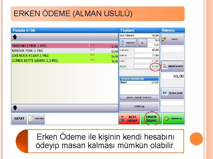 ERKEN ÖDEME (ALMAN USULÜ) Erken Ödeme ile kişinin kendi hesabını ödeyip masan kalması mümkün