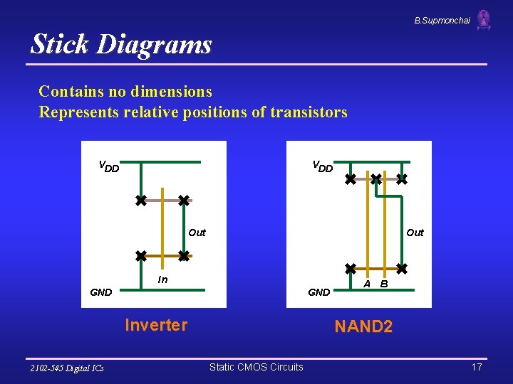 B. Supmonchai Stick Diagrams Contains no dimensions Represents relative positions of transistors VDD Out