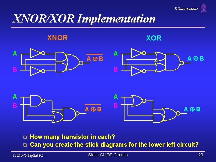 B. Supmonchai XNOR/XOR Implementation XNOR A XOR A B B A B A B
