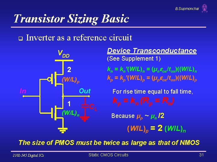 B. Supmonchai Transistor Sizing Basic q Inverter as a reference circuit Device Transconductance VDD
