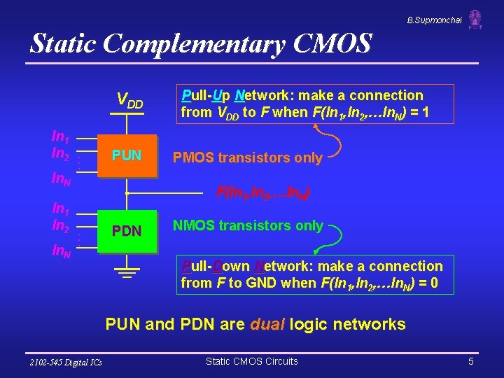 B. Supmonchai Static Complementary CMOS VDD In. N PUN PMOS transistors only F(In 1,