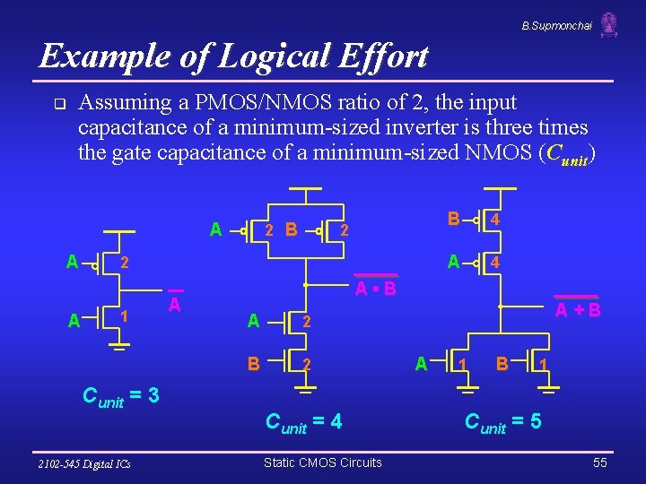 B. Supmonchai Example of Logical Effort q Assuming a PMOS/NMOS ratio of 2, the