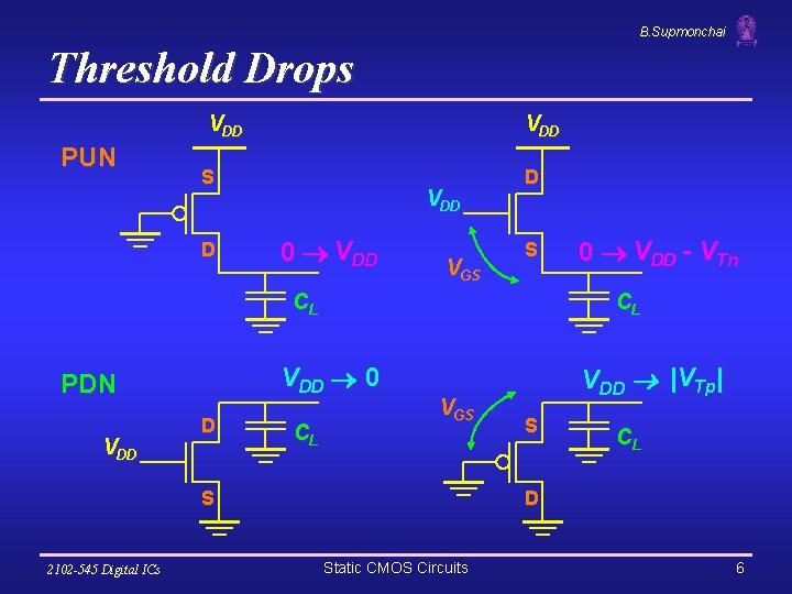 B. Supmonchai Threshold Drops VDD PUN VDD S D VDD 0 VDD VGS D