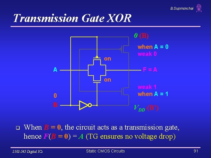 B. Supmonchai Transmission Gate XOR 0 (B) on A when A = 0 weak