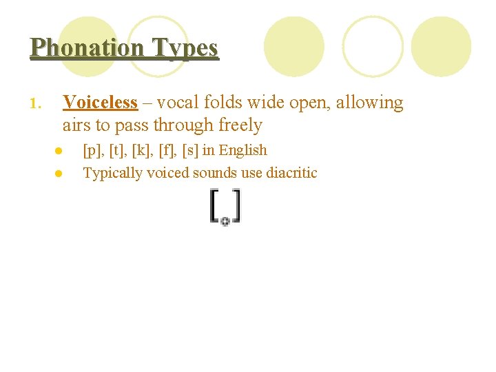 Phonation Types 1. Voiceless – vocal folds wide open, allowing airs to pass through