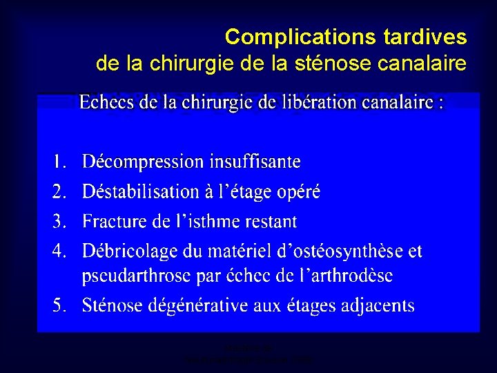 Complications tardives de la chirurgie de la sténose canalaire Mastère de Neuroradiologie. Sousse 2008