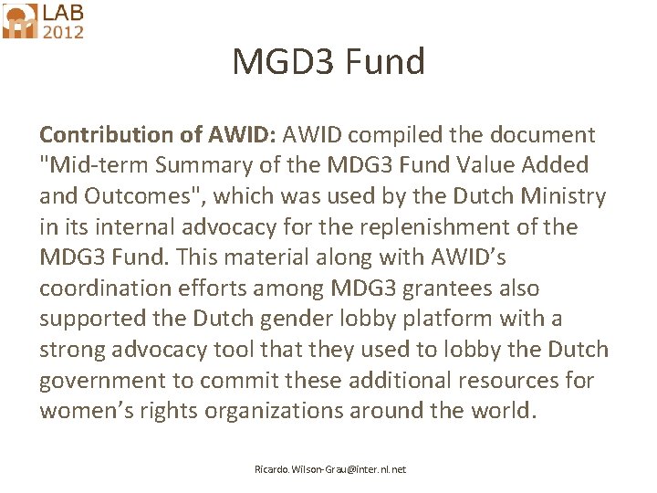 MGD 3 Fund Contribution of AWID: AWID compiled the document "Mid-term Summary of the