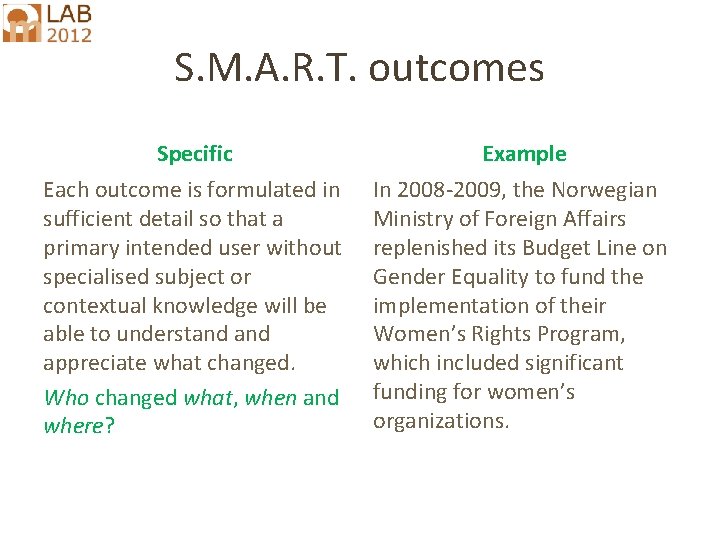 S. M. A. R. T. outcomes Specific Example Each outcome is formulated in sufficient