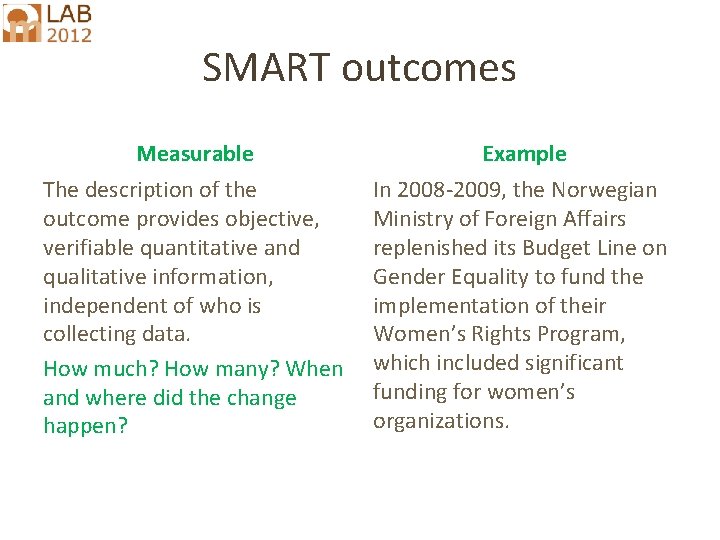 SMART outcomes Measurable Example The description of the outcome provides objective, verifiable quantitative and