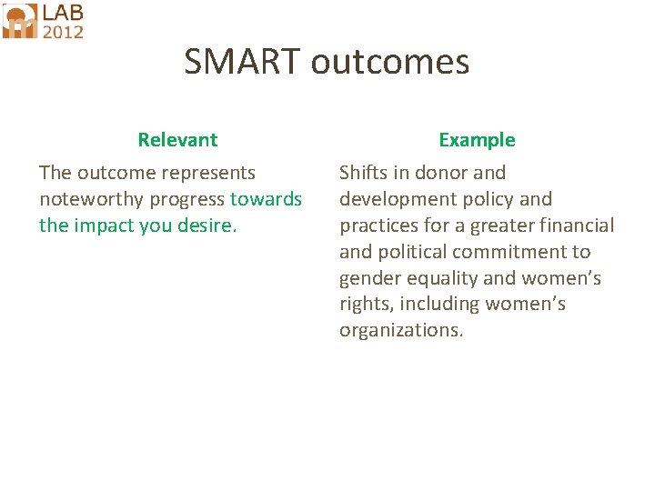 SMART outcomes Relevant Example The outcome represents noteworthy progress towards the impact you desire.