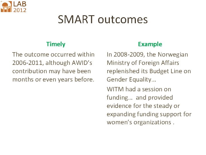 SMART outcomes Timely The outcome occurred within 2006 -2011, although AWID’s contribution may have