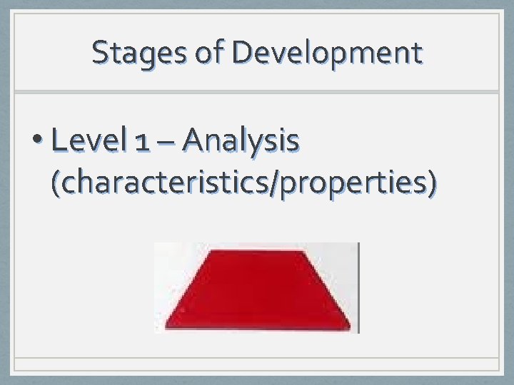 Stages of Development • Level 1 – Analysis (characteristics/properties) 