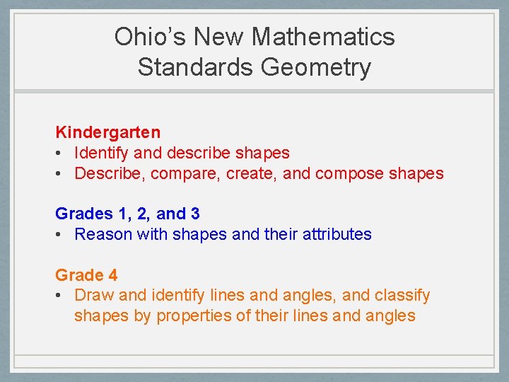 Ohio’s New Mathematics Standards Geometry Kindergarten • Identify and describe shapes • Describe, compare,