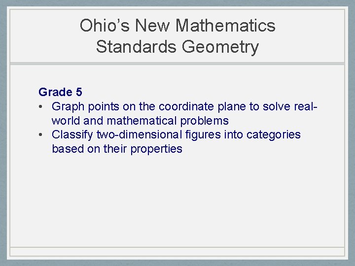 Ohio’s New Mathematics Standards Geometry Grade 5 • Graph points on the coordinate plane