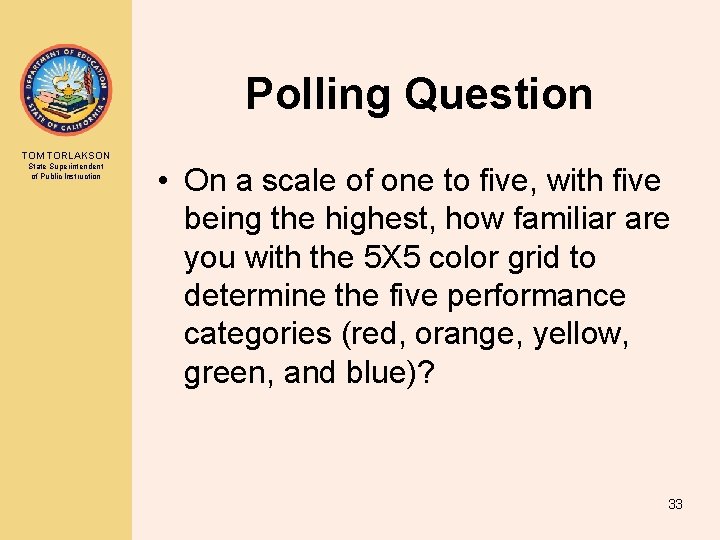 Polling Question TOM TORLAKSON State Superintendent of Public Instruction • On a scale of