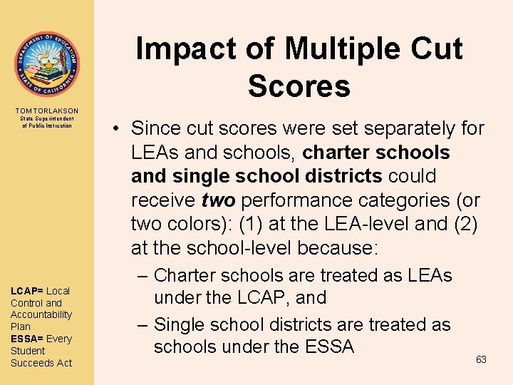 Impact of Multiple Cut Scores TOM TORLAKSON State Superintendent of Public Instruction LCAP= Local