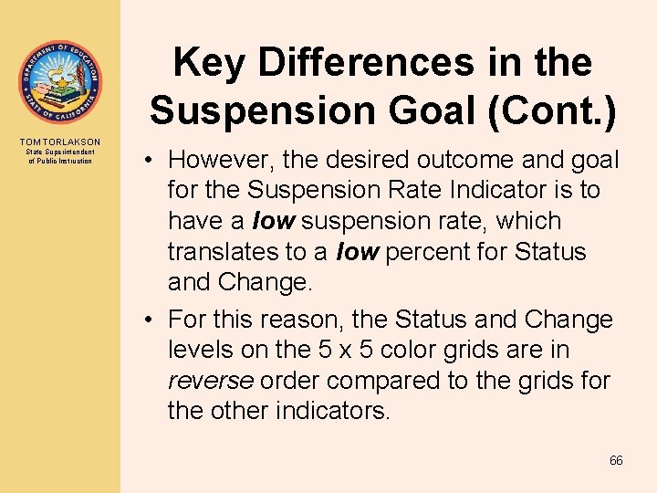 Key Differences in the Suspension Goal (Cont. ) TOM TORLAKSON State Superintendent of Public