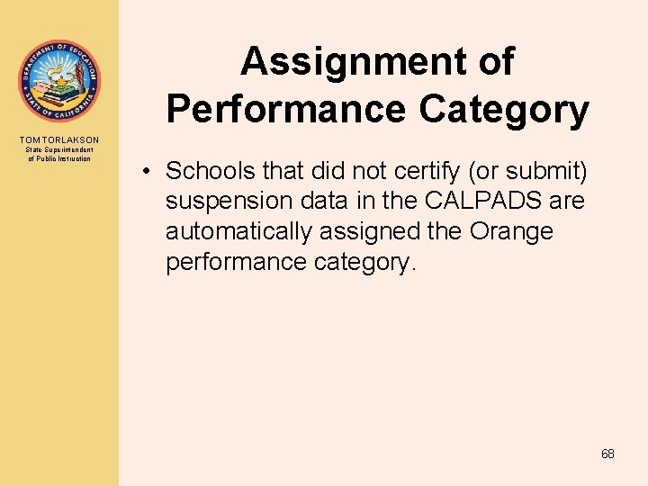 Assignment of Performance Category TOM TORLAKSON State Superintendent of Public Instruction • Schools that