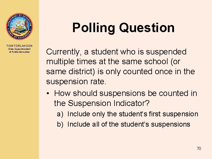 Polling Question TOM TORLAKSON State Superintendent of Public Instruction Currently, a student who is