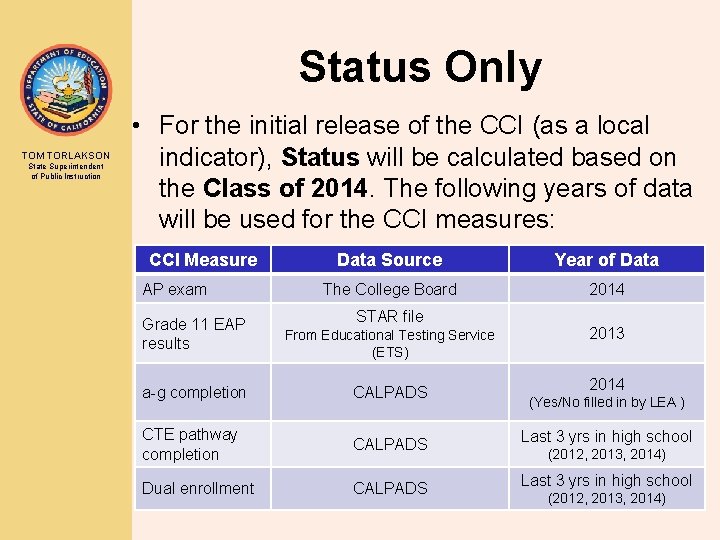Status Only TOM TORLAKSON State Superintendent of Public Instruction • For the initial release