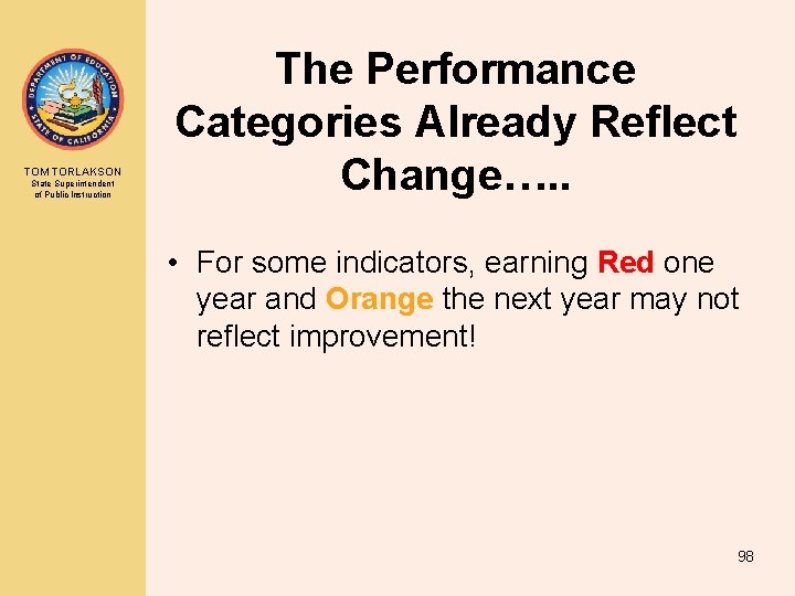 TOM TORLAKSON State Superintendent of Public Instruction The Performance Categories Already Reflect Change…. .