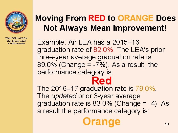 Moving From RED to ORANGE Does Not Always Mean Improvement! TOM TORLAKSON State Superintendent