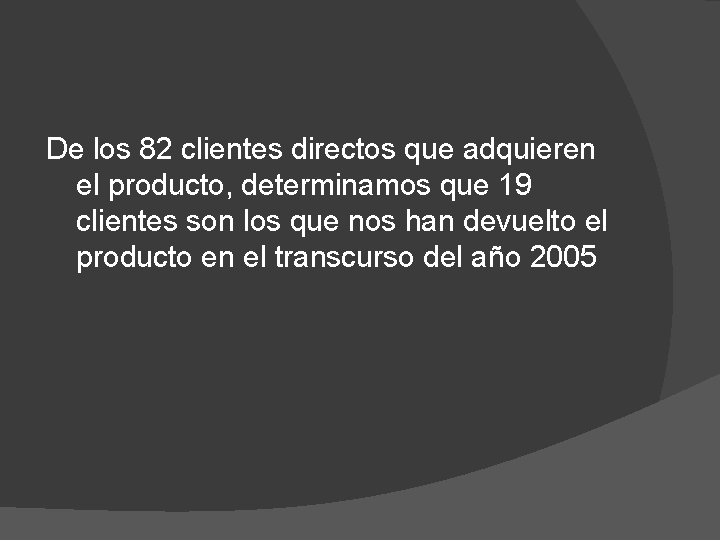 De los 82 clientes directos que adquieren el producto, determinamos que 19 clientes son