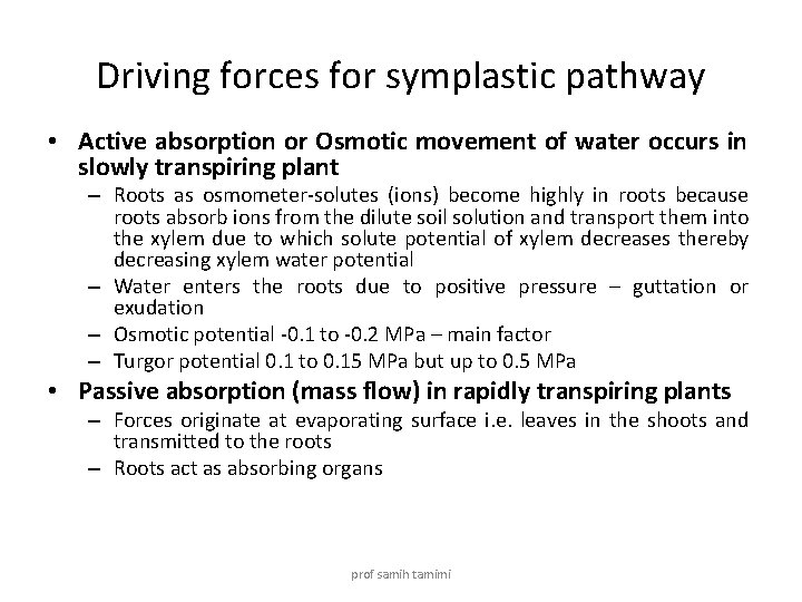 Driving forces for symplastic pathway • Active absorption or Osmotic movement of water occurs