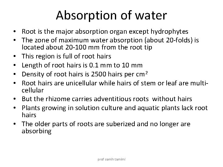 Absorption of water • Root is the major absorption organ except hydrophytes • The