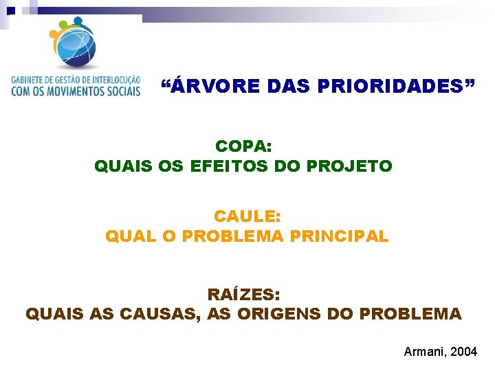 “ÁRVORE DAS PRIORIDADES” COPA: QUAIS OS EFEITOS DO PROJETO CAULE: QUAL O PROBLEMA PRINCIPAL