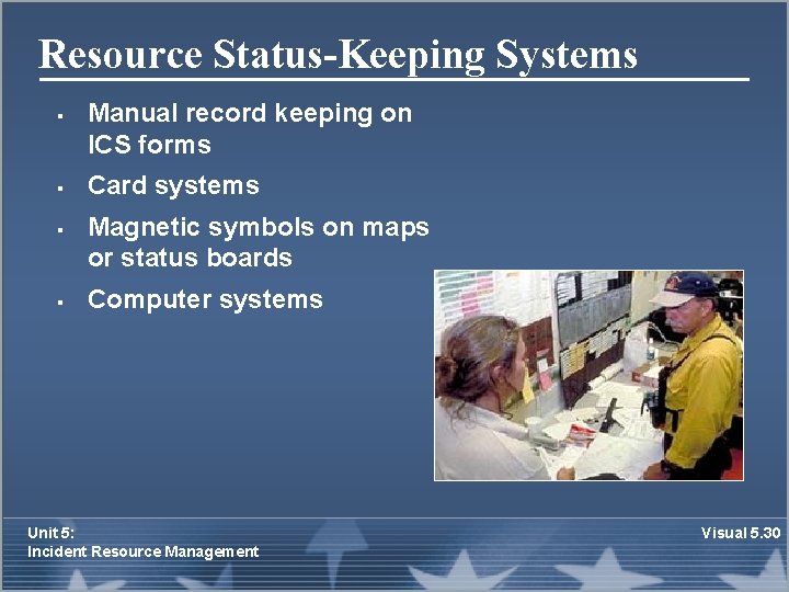 Resource Status-Keeping Systems § § Manual record keeping on ICS forms Card systems Magnetic