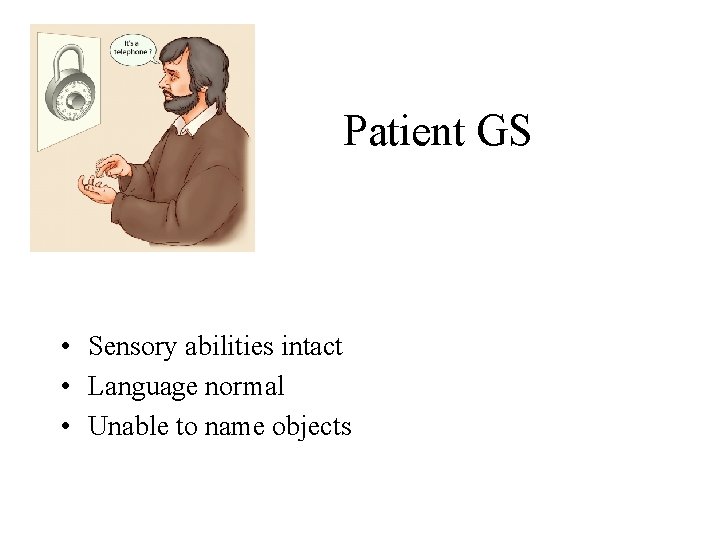 Patient GS • Sensory abilities intact • Language normal • Unable to name objects