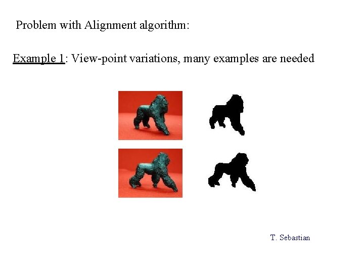 Problem with Alignment algorithm: Example 1: View-point variations, many examples are needed T. Sebastian