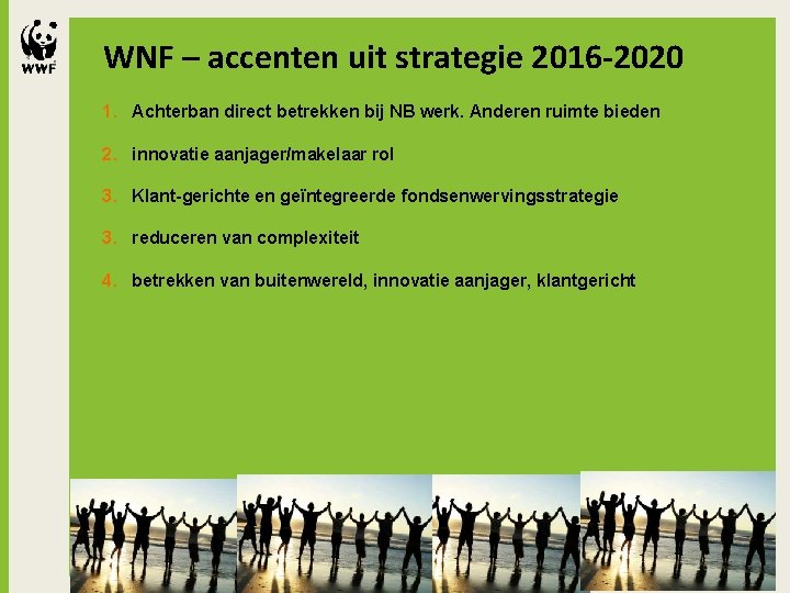 WNF – accenten uit strategie 2016 -2020 1. Achterban direct betrekken bij NB werk.