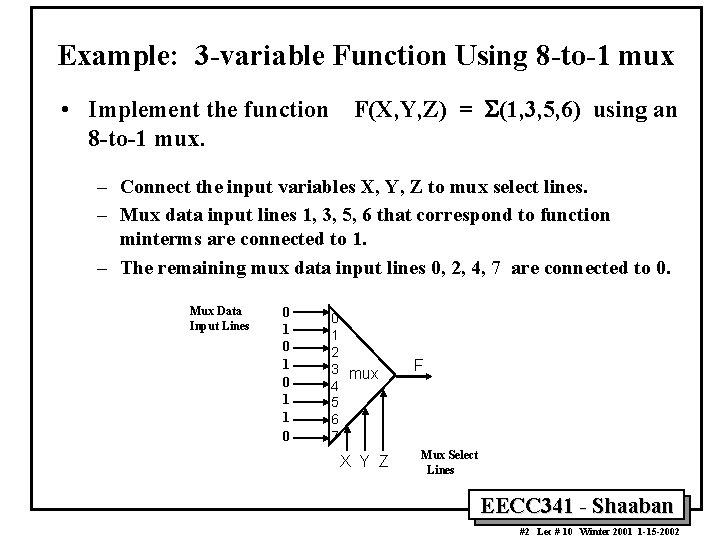 Example: 3 -variable Function Using 8 -to-1 mux • Implement the function F(X, Y, Example: 3 -variable Function Using 8 -to-1 mux • Implement the function F(X, Y,